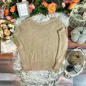 Cozy Casual Beige Lightweight Sweater with Cross Back Straps, M/L